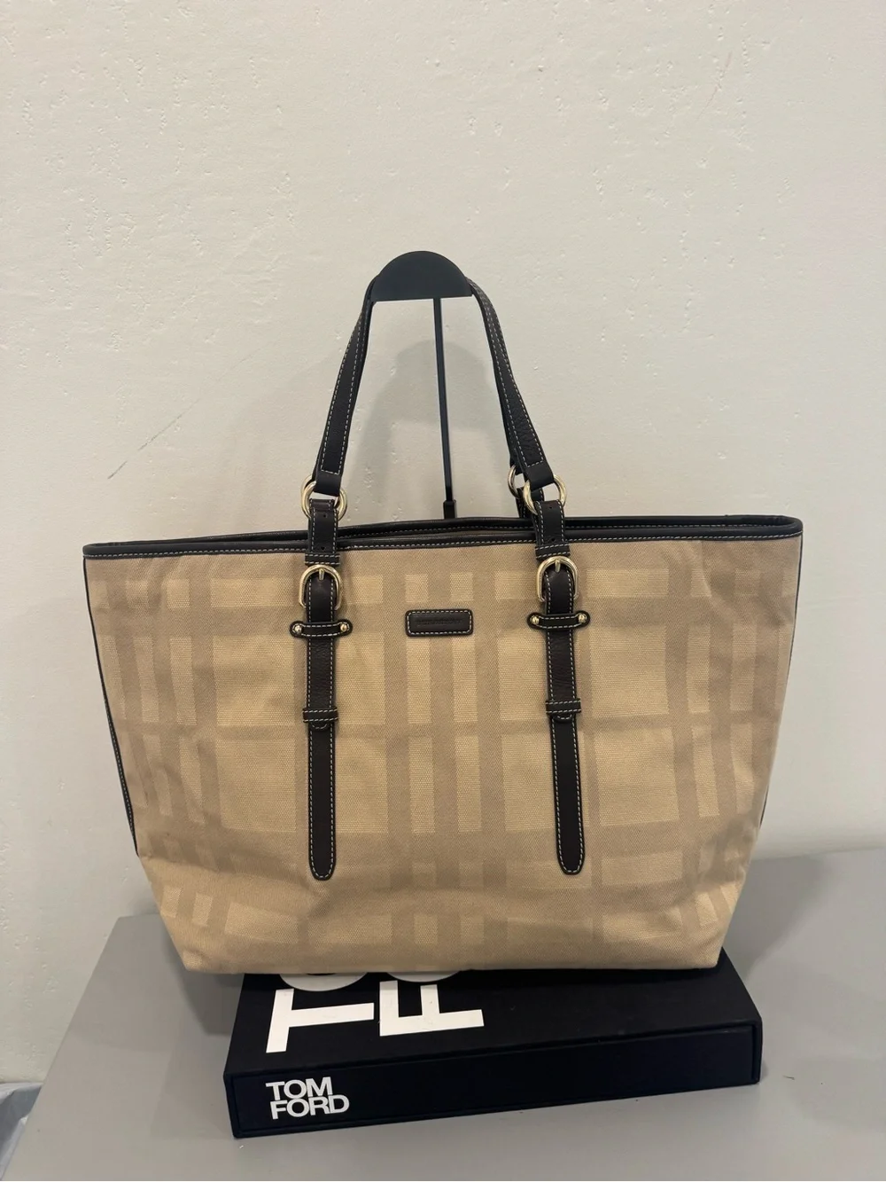 Burberry Beige Plaid Canvas Tote with Dark Brown Leather Trim